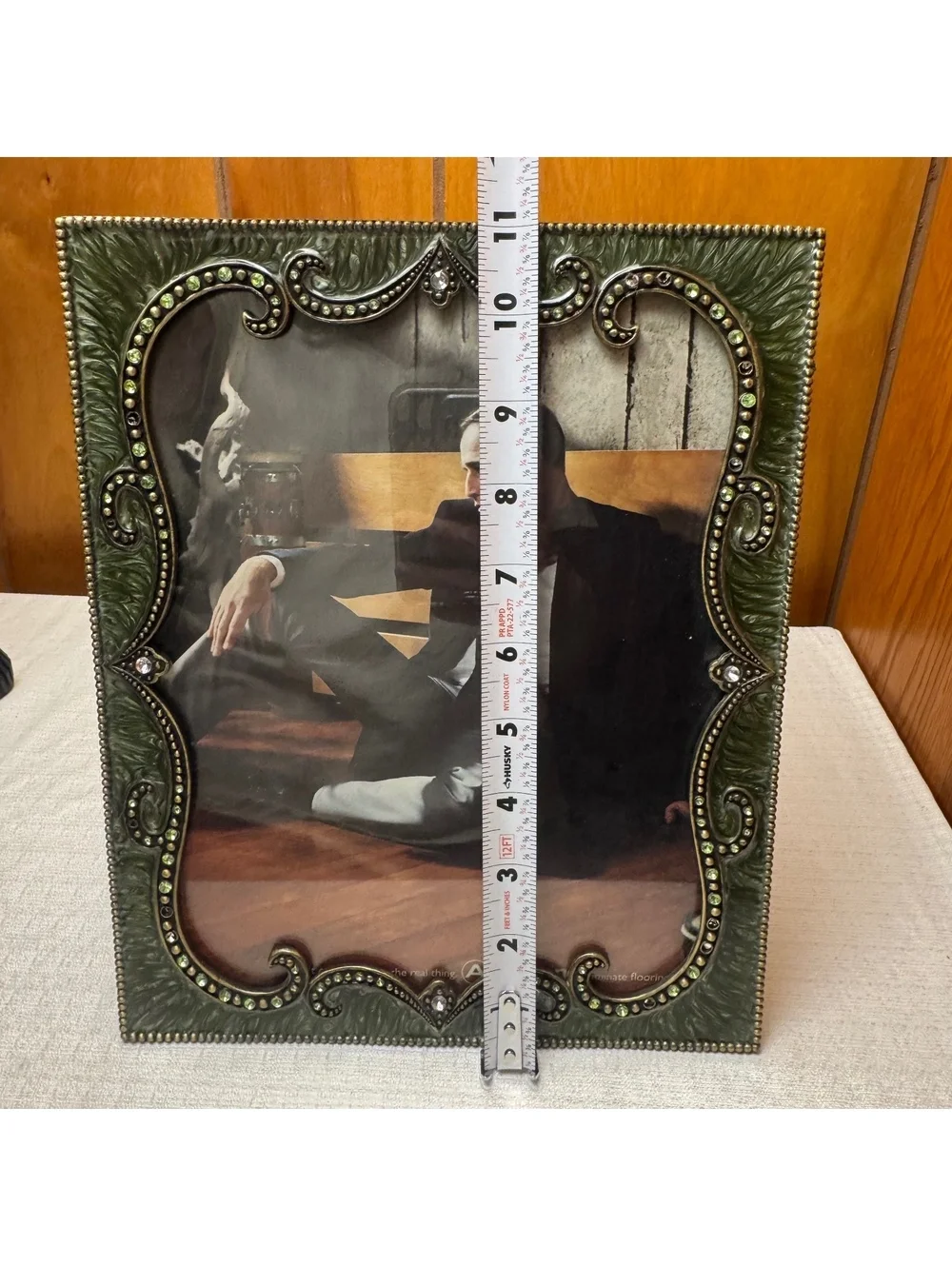 Vintage Jeweled 8x10 Picture Frame Green Ornate Resin Rhinestone Easel
